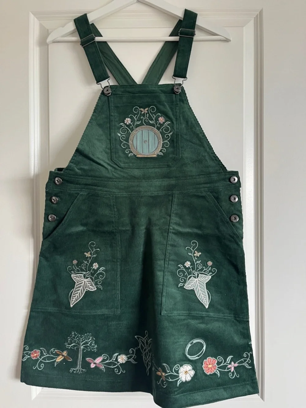 LOTR BoxLunch Embroidered Corduroy Overall Dress in Deep Green - Picture 5 of 7